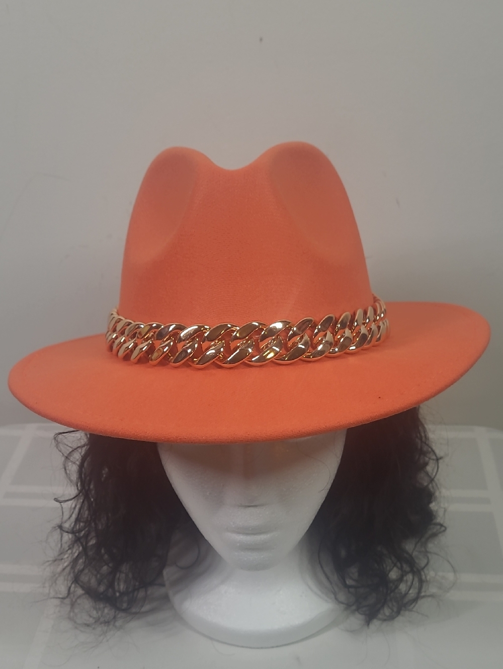 Womens Orange Felt Fedora with Gold Chain Trim